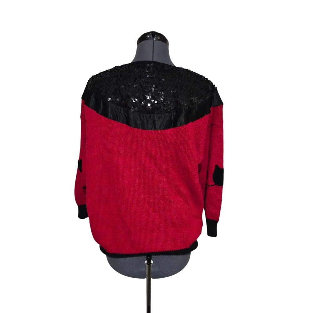 Vintage 80s Red Black Sequin Floral Tulip Cardigan Sweater Women's Plus Size 1X - Picture 3 of 10